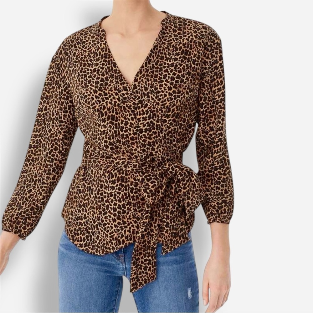 J. CREW Sara Drapey Wrap Brown & Black Leopard Print Blouse w Tie Bow - Picture 1 of 11